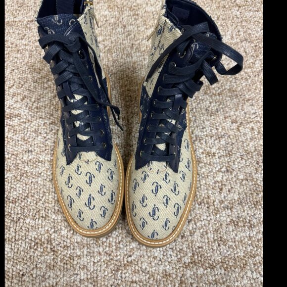 Jimmy Choo Jacquard Monogram Calfskin Cora Flat Combat Women Boots Sand Dune 39 - Picture 4 of 9